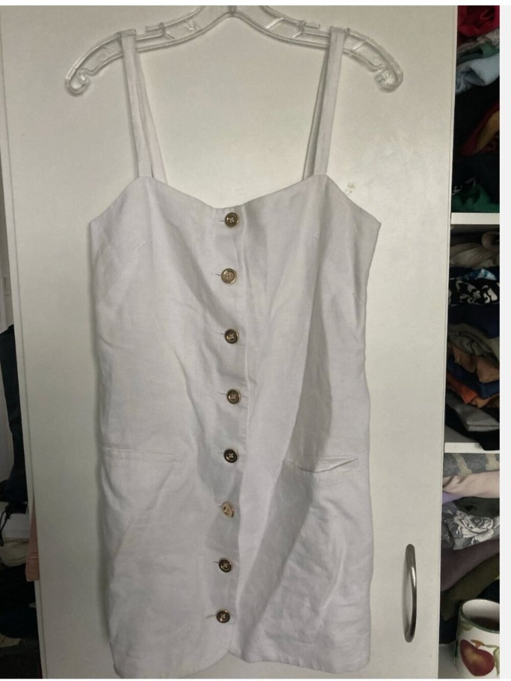 J. Crew Claudia Square Neck White Dress Linen Size XS /S Mini Golden Buttons